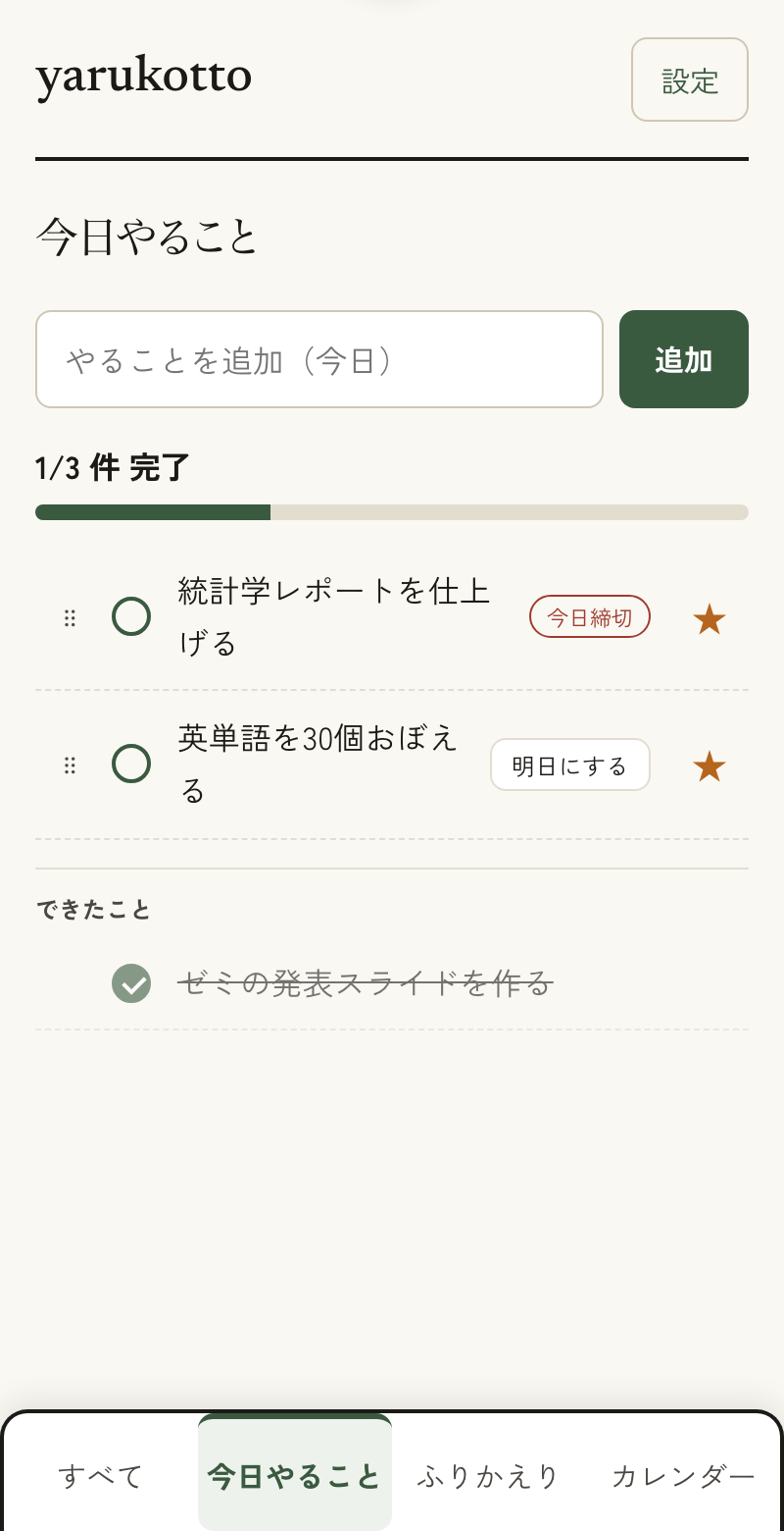 yarukotto の「今日やること」画面。今日やることだけが並び、上から片づけていける。